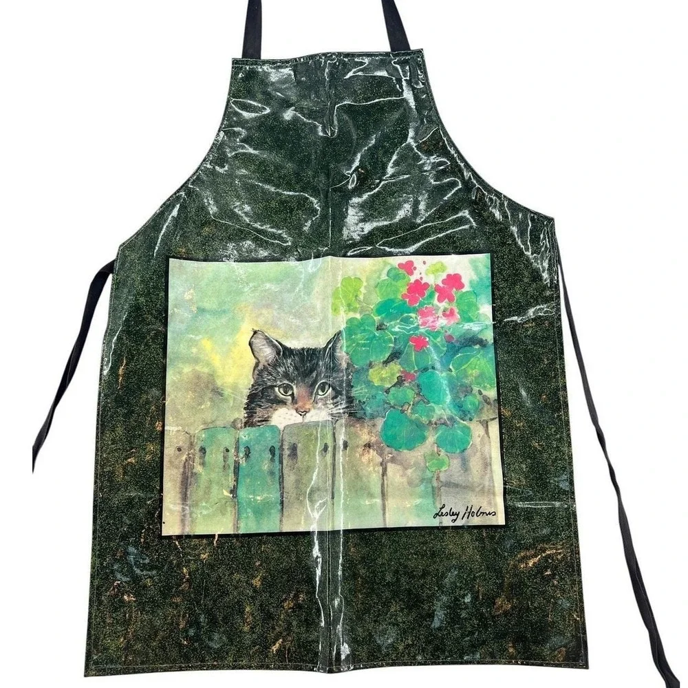 Vintage Lesley Holmes Cat Cottagecore Garden Apron Wipeable Wet Resistant Glossy